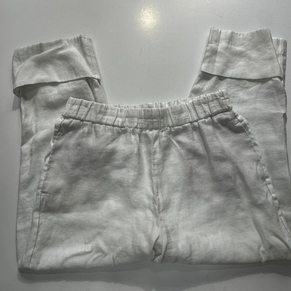 Zara White Linen Blend High Waisted Cuffed Crop Pants Large